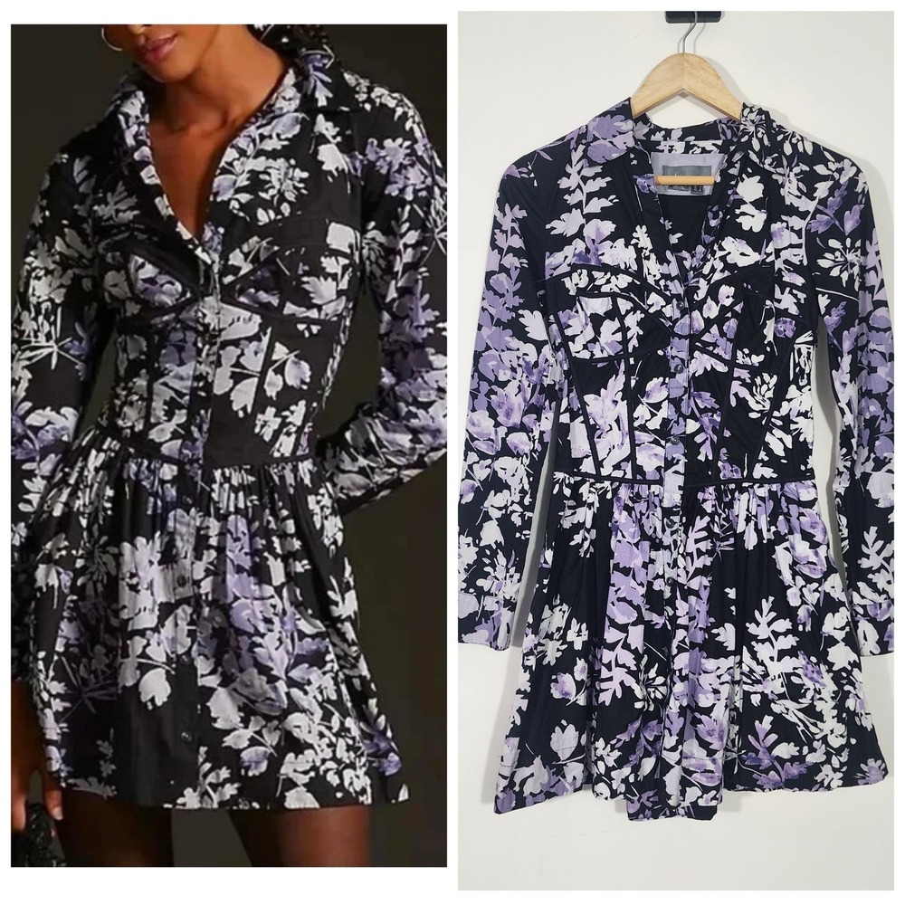 by Anthropologie Women Black Purple Floral Long Sleeve Mini Corset Shirt Dress 4